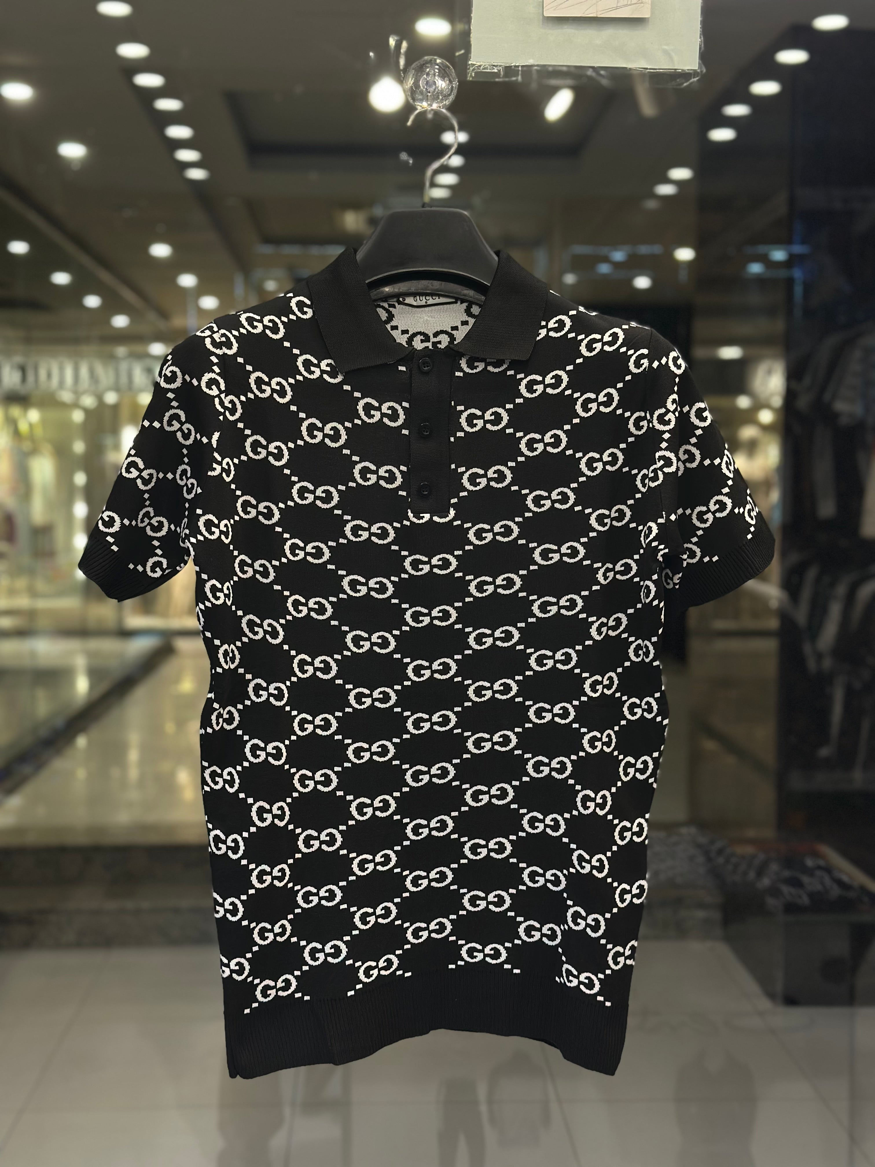 gucci men's black knit polo with white gg monogram gucci men's black knit polo with white gg monogram