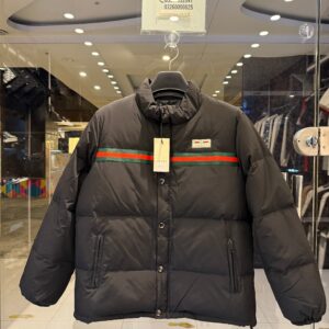 Premium Men's Black Puffer Jacket with Iconic Red & Green Web Stripe