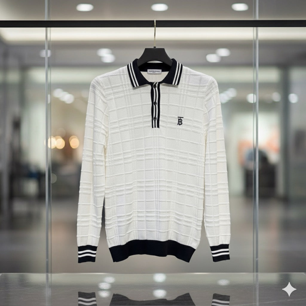 burberry inspired knit polo shirt – white & black trim burberry inspired knit polo shirt – white & black trim