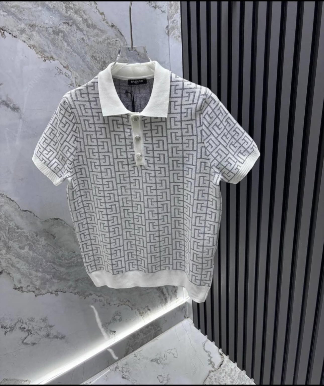 balmain inspired white monogram knit polo shirt balmain inspired white monogram knit polo shirt