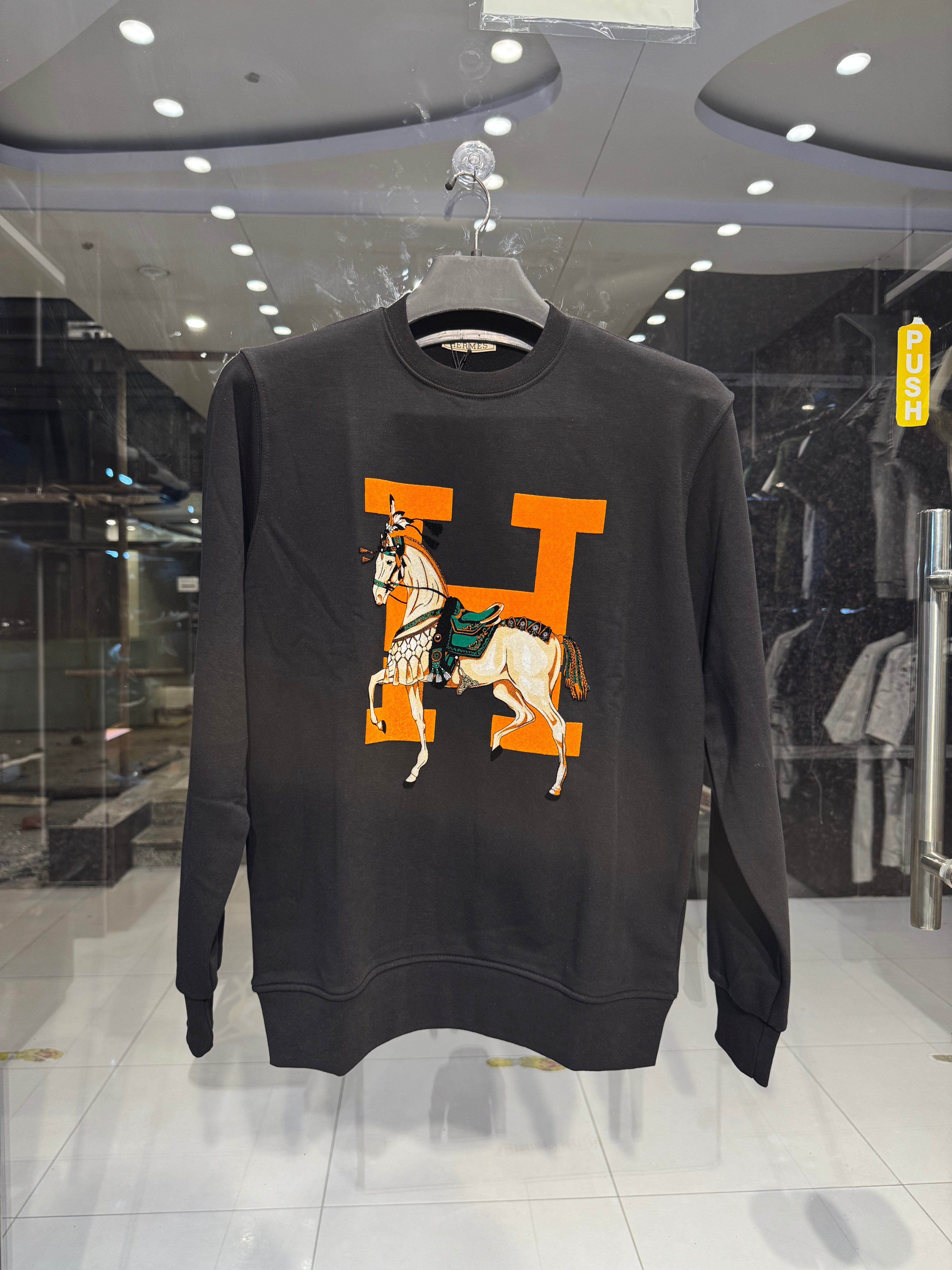 hermès inspired black horse sweatshirt – orange h print hermès inspired black horse sweatshirt – orange h print
