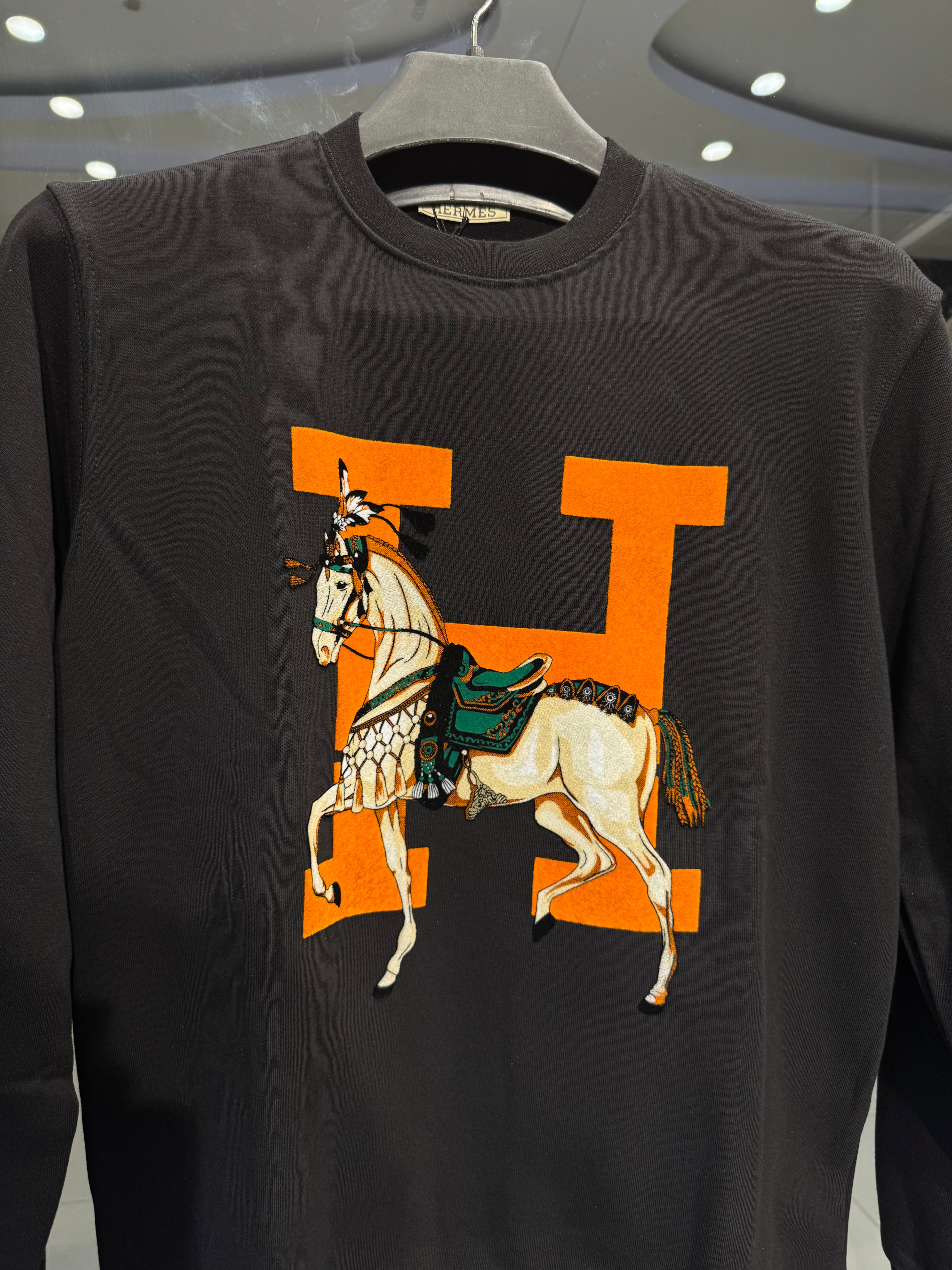 hermès inspired black horse sweatshirt – orange h print hermès inspired black horse sweatshirt – orange h print