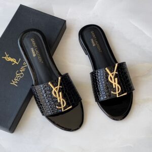 YSL Women Flat Black Slipper With Logo