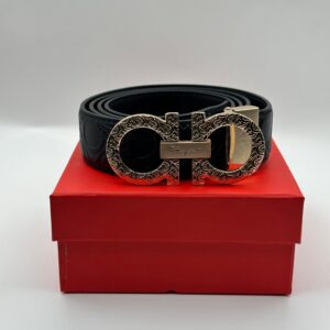 ferragamo black leather signature golden belt