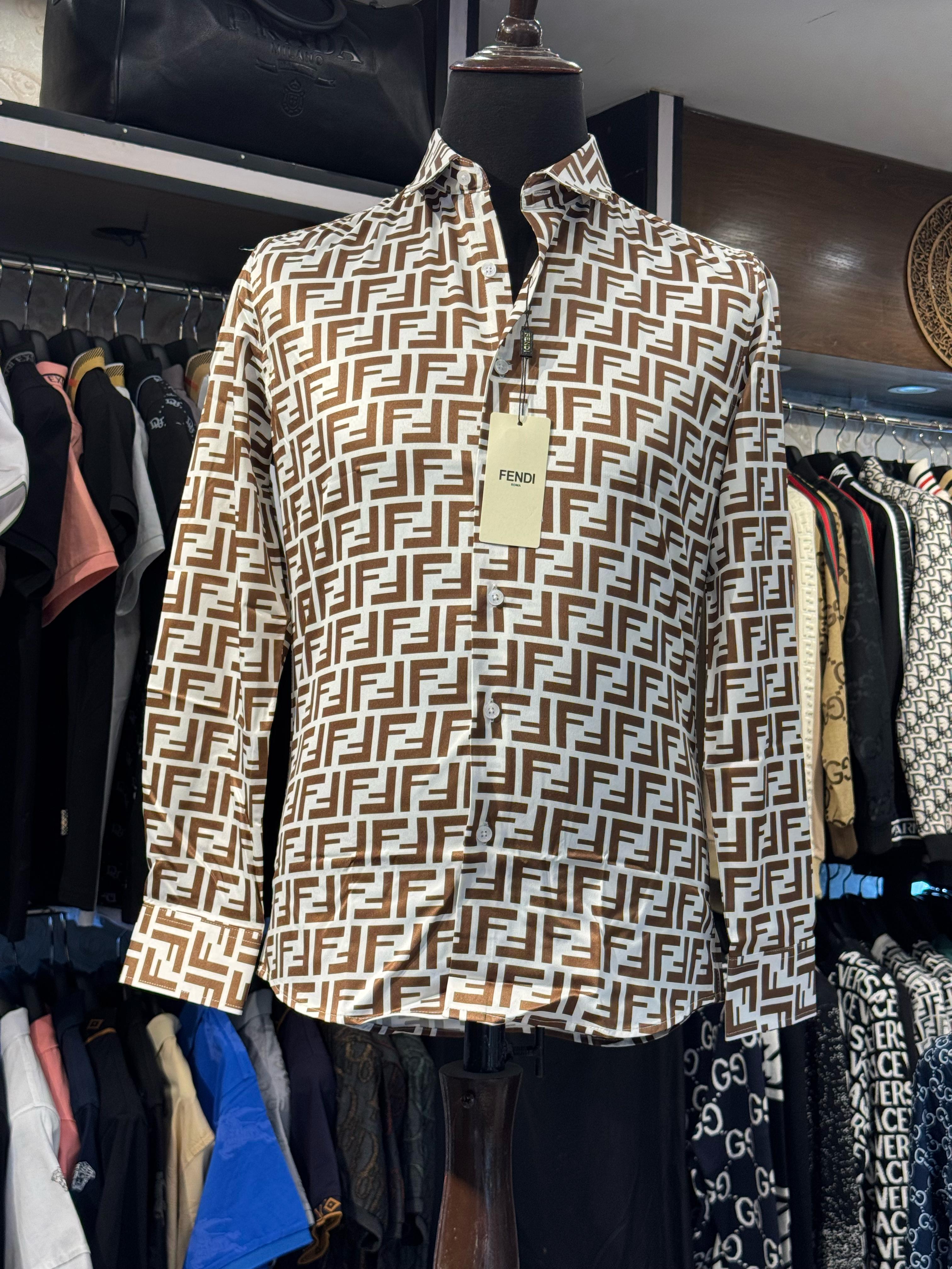 fendi premium quality all over printed white brown casual shirt fendi premium quality all over printed white brown casual shirt
